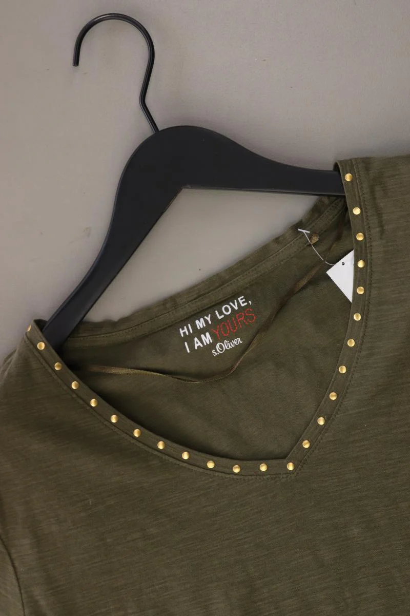 s.Oliver Shirt mit V-Ausschnitt Gr. 44 Kurzarm mit Nieten olivgrün aus Baumwolle - Image 3