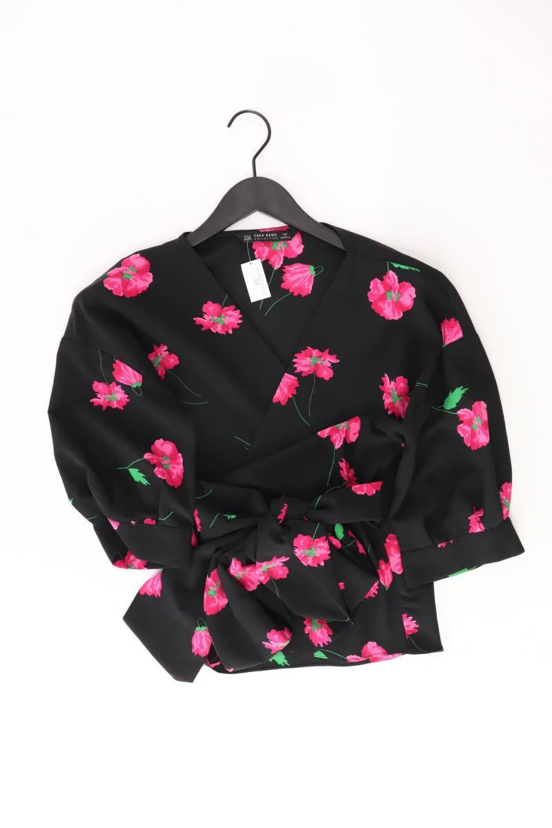 Zara Regular Bluse Gr. S mit Blumenmuster 3/4 Ärmel schwarz aus Polyester