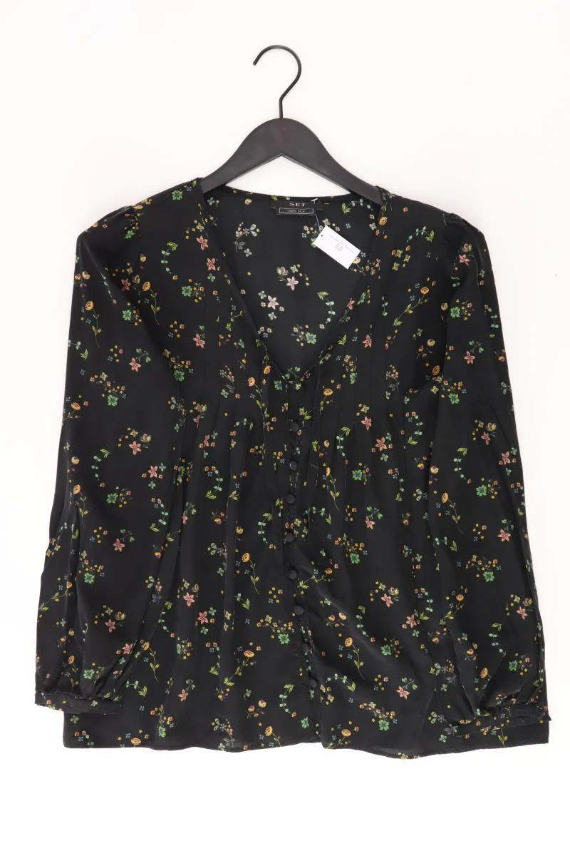 Set Seidenbluse Gr. 36 mit Blumenmuster Langarm schwarz